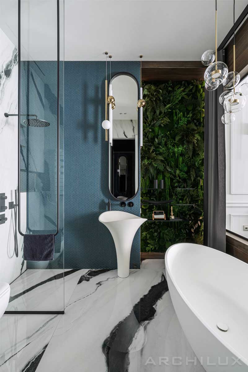 Дизайн ванны с туалетом, неоклассика интерьер, стенка из растений — 36