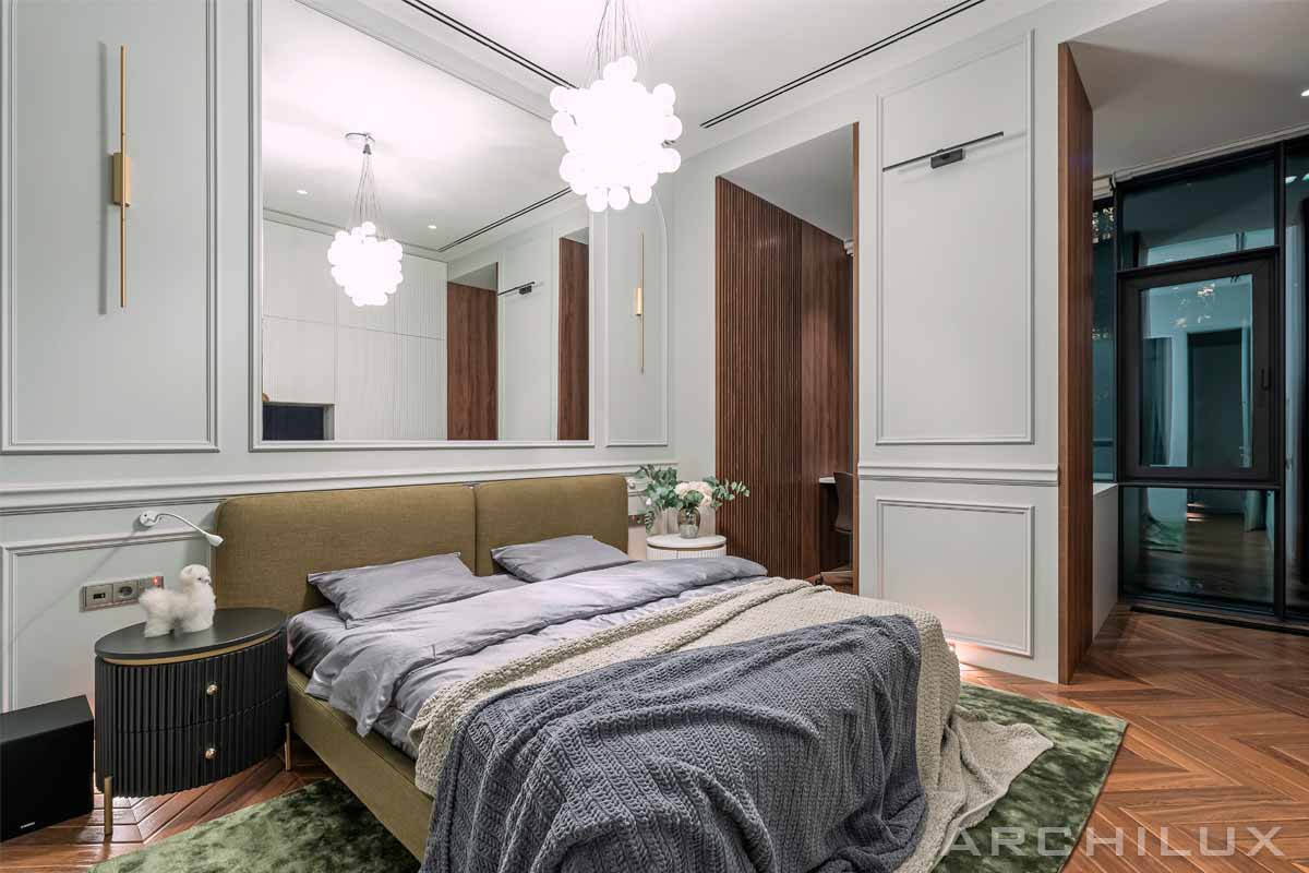 Готовые дизайн проекты квартир, спальня в современном классическом стиле — 34